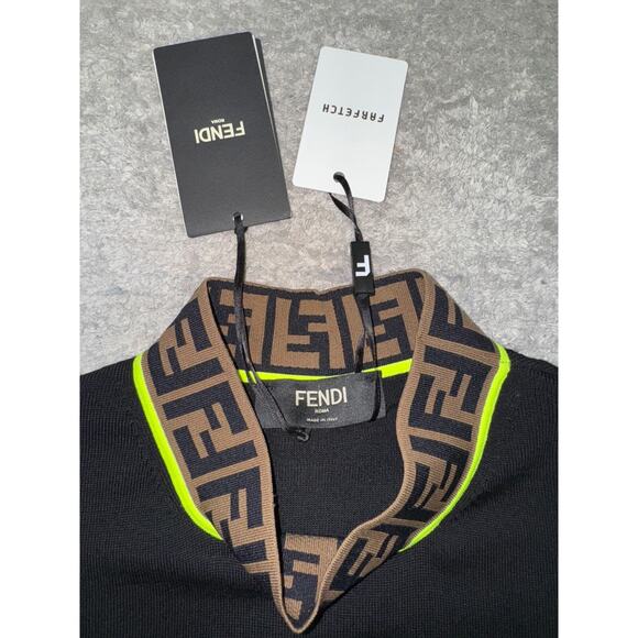Fendi Brown Monogram Logo Green Trim Black Thin Knit Wool Turtleneck Sweater 48 - Picture 7 of 15
